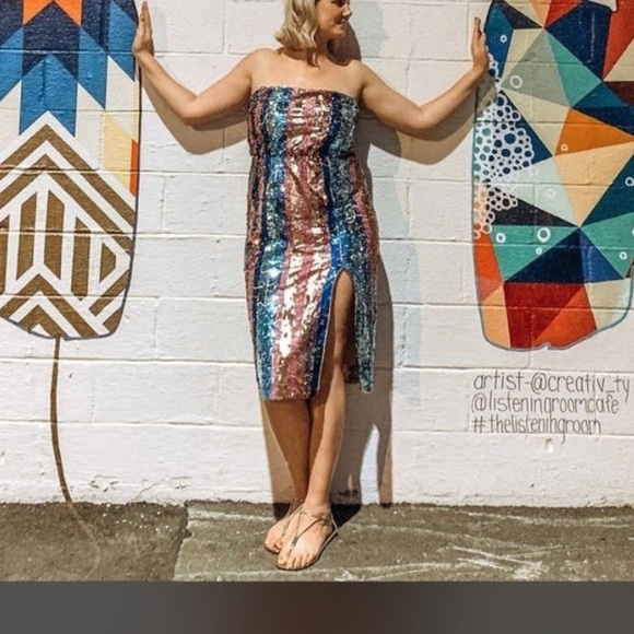 Aidan Mattox Striped Sequin Midi Cocktail Dress - Picture 2 of 4